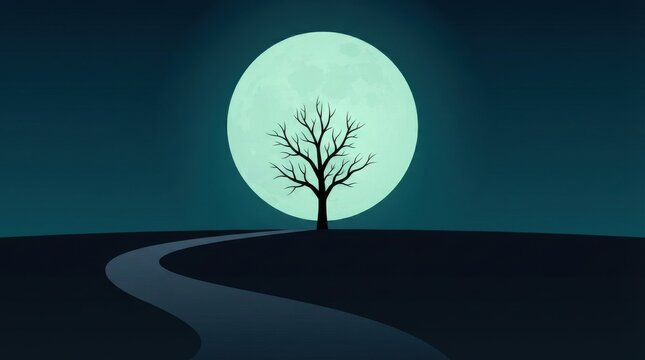Spooky full moon night with a bare tree and path