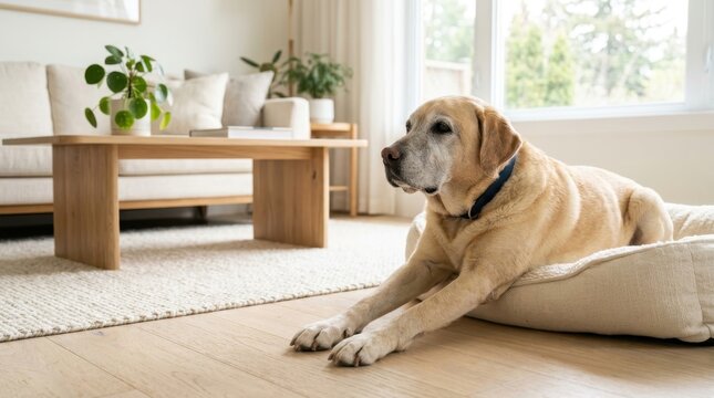 Senior Labrador Resting in a Bright Living Room: A loyal senior Labrador retriever rests peacefully on its comfortable bed in a sunlit, modern living room with minimalist decor.