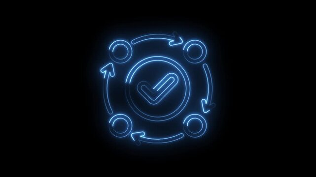 Neon blue checkmark icon with circular arrows symbolizing process completion workflow success and