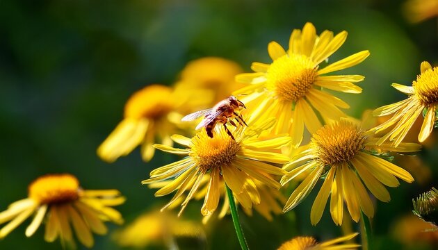 Bee Hovers Near Vibrant Yellow Flowers Sunlight Glows Softly Through The Blooms Deep Green Background Adds Natural Contrast This Moment Captures Nature S Quiet Rhythm