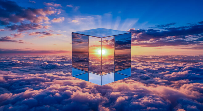 Glass cube reflecting sunset over clouds in sky