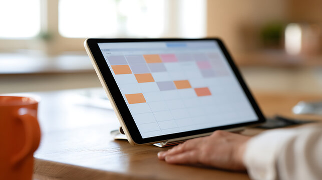 Digital tablet display of a weekly work schedule planner on a wooden table in office, remote worker check plan and manage routine tasks