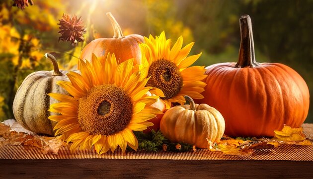 Autumn Still Life With Sunflowers And Pumpkins