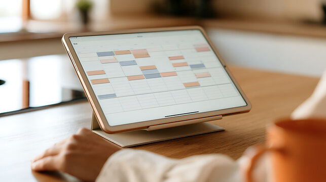 Digital tablet computer displaying schedule calendar app on wooden table at home office desk with coffee cup, remote work and planning