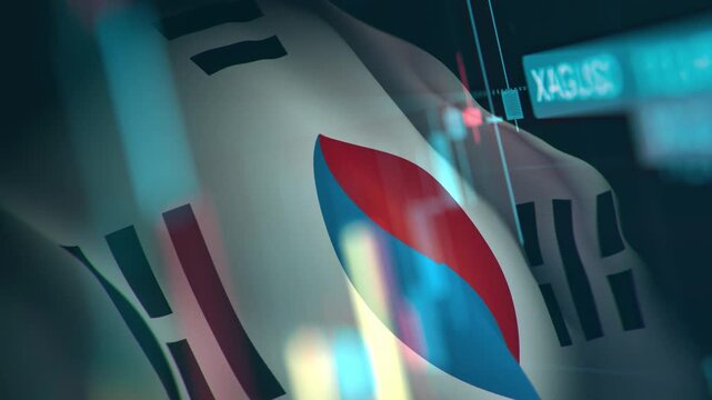 A dynamic timelapse video featuring fast moving stock market candlestick bars blended with a waving South Korean flag, representing South Korea economy, Kospi financial markets, and Asian trading.