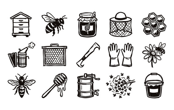 Apiary industry element collection with sweet honey jars wooden frames smoker tool and buzzing insects in sketch art style