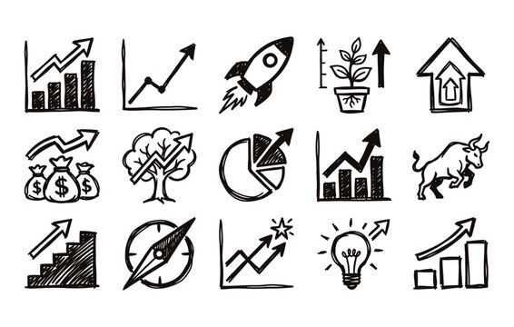 Business growth and financial success vector collection showing profit charts investment graphs and startup rocket launch sketches