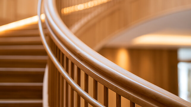 Elegant wooden spiral staircase with smooth handrail and warm ambient illumination in a modern architectural interior building design project