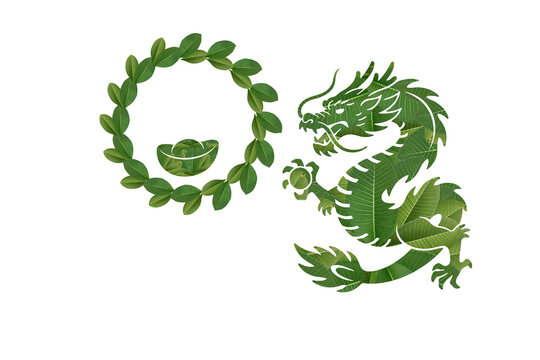 Green leaf wreath gold ingot sycee chinese dragon PNG element