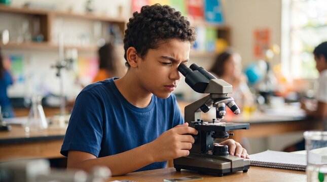 Teenage boy looking through microscope in school laboratory. Kid studying science during chemistry lesson. Education, biology experiment and school life concept for learning and knowledge