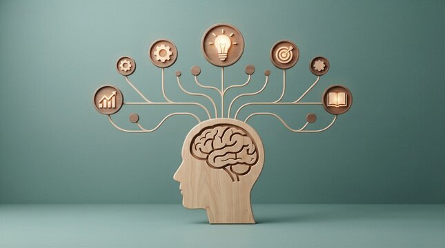 Creative thinking and brain storming concept with wooden head silhouette and branching mind map icons on teal background