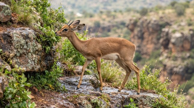 Klipspringer on Cliffside: A small, agile klipspringer, a type of antelope, navigates a rocky cliffside in its natural habitat, showcasing its remarkable climbing ability.