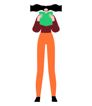 Full-length woman reading a book, standing and holding an open book in her hands. Modern lifestyle concept, education, literature, learning and personal development. 