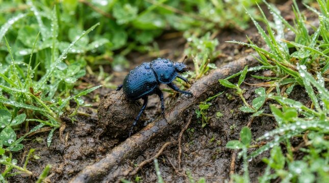 Dung Beetle Navigating Twig: A close-up shot of a black dung beetle, its iridescent exoskeleton glistening, navigating a small twig amidst damp soil and vibrant green grass.
