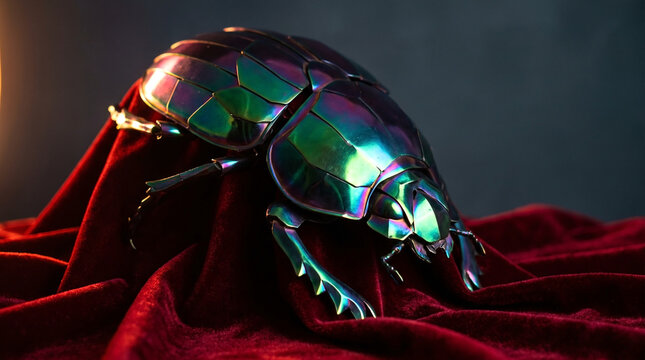 Macro shot of an iridescent metallic mechanical scarab beetle resting on luxurious draped red velvet
