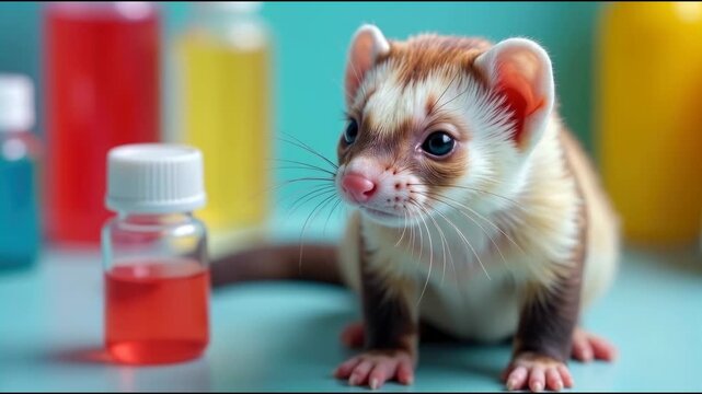 A ferret sitting next to a bottle of liquid, great for pet or animal  use