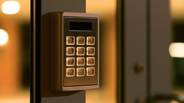 Modern electronic security keypad mounted on office building wall for access control and password entry with warm backlight illumination