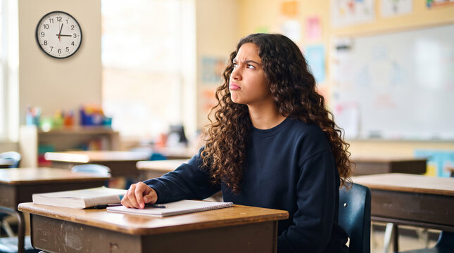 Bored teenage girl sitting at desk in school classroom looking at wall clock. Student waiting for lesson to end. Education, childhood and school life concept. Back to school theme