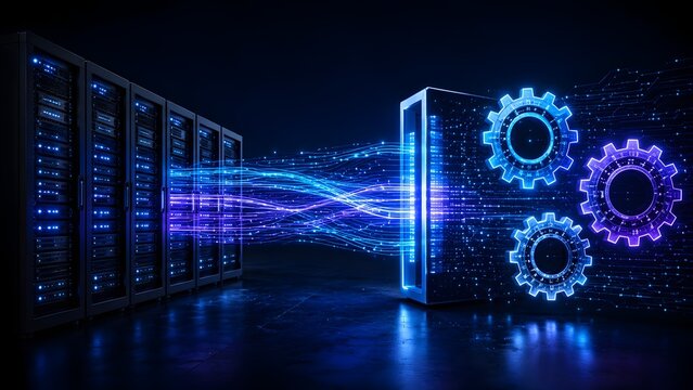 Data center server racks powering automated backend processing gears representing IT infrastructure efficiency