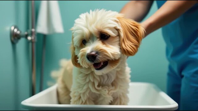 A small dog sitting in a bathroom sink