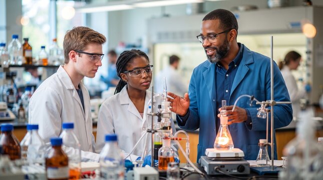 Teacher and students doing chemistry experiment with flasks in school laboratory. African american man explaining science lesson to teenage boy and girl. Education, learning and school life concept