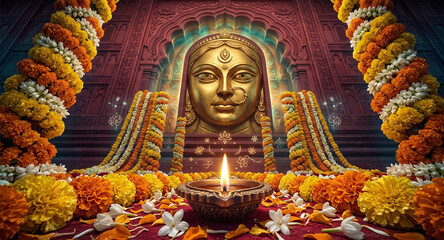 Obraz premium Golden goddess face sculpture with marigold garlands and lit diya at ornate temple shrine