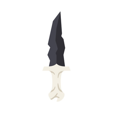Vector illustration of a ceremonial ritual dagger featuring a jagged black obsidian stone blade and a carved white bone handle, isolated on a plain white background for design.