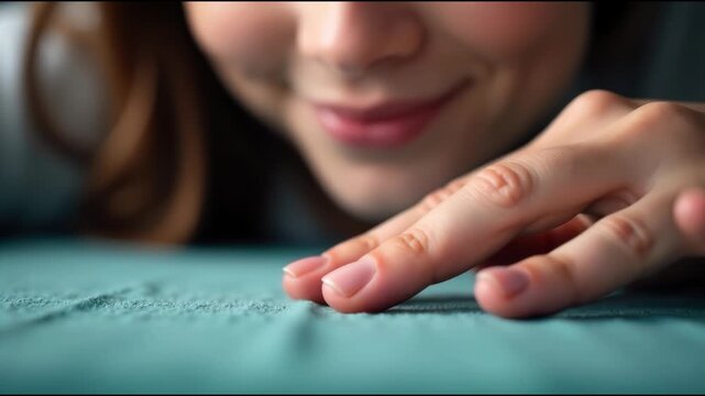 A person's hands touching an object on a table, possibly examining or studying it