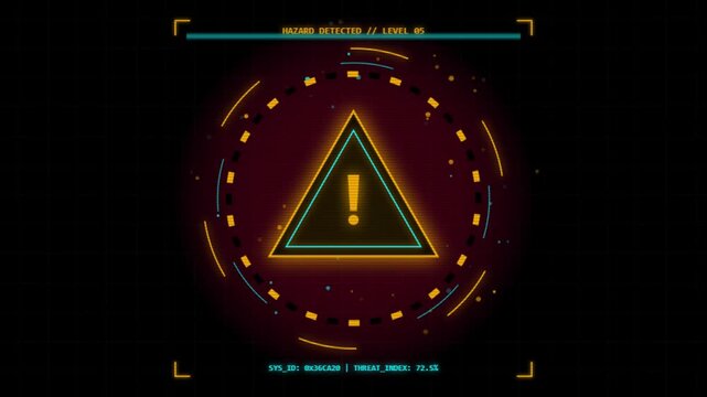Orange triangle warning sign with digital HUD elements and pulsing animation