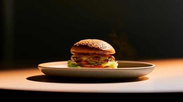 Fresh delicious burger with melted cheese and fresh vegetables served on a clean plate in a dark restaurant with warm light and nice feel