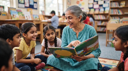 Obraz premium Woman teacher reading book to happy children sitting on floor in school library. Senior teacher telling story to curious kids during