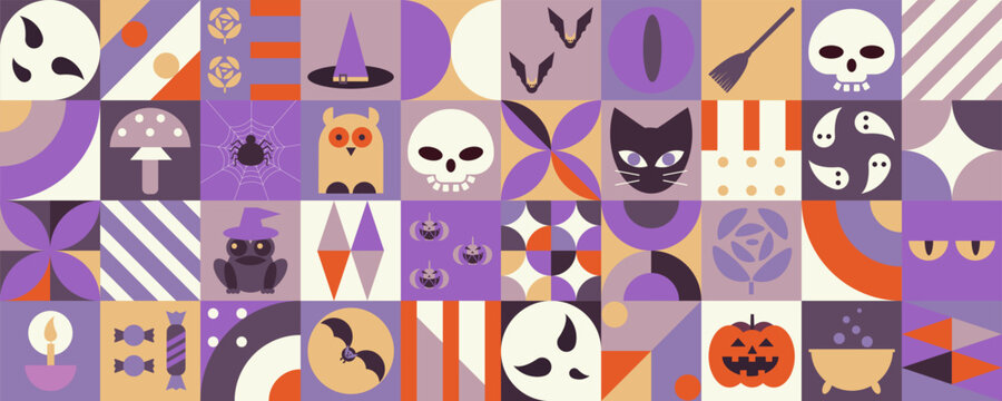 Seamless grid pattern with stylized Halloween symbols including skulls, ghosts, bats, cats, pumpkins, spiders, witch hats and spooky icons in a geometric retro style. Mosaic background