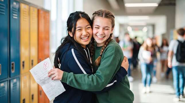Two happy teenage girls hugging in school corridor holding exam paper with good grade. Friendship and academic success concept. High school students celebrating test result in hallway