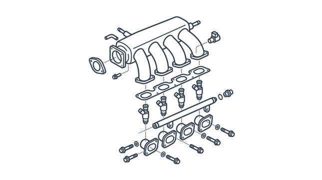 Exploded view diagram of an automotive intake manifold assembly with fuel injectors.