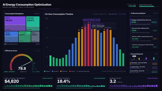Explore a 4K energy intelligence dashboard showcasing AI-driven energy consumption optimization with detailed analytics and recommendations for efficient energy usage.