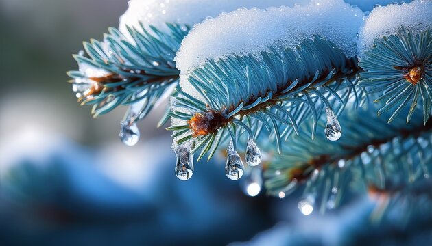Blue Spruce With Drops Of Snow Melting Macro