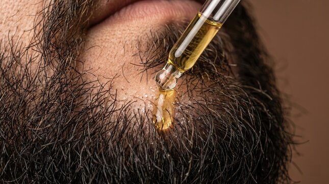 Close-up of a glass dropper applying nourishing beard oil serum onto a man dense stubble beard.