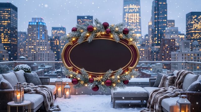 Blank Christmas Sign on a Snowy City Rooftop Terrace