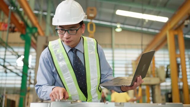 Industrial engineer in a safety helmet and high visibility vest uses a laptop inside a manufacturing facility, representing engineering, technology, production management, and digital workflow.