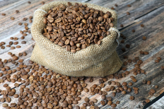 coffee beans in a linen sack