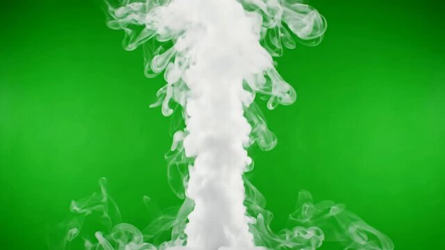 White smoke column rising on green screen background, abstract vapor cloud overlay for visual effects and motion