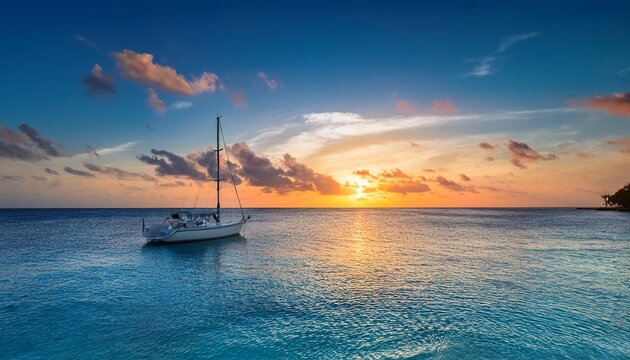 Por Do Sol No Mar Do Caribe Em Curacao Com Barco Solitario Flutuando Sobre Aguas Calmas E Ceu Colorido Transmitindo Serenidade E Beleza Tropical