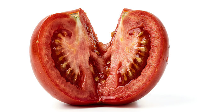 Fresh ripe red tomato cut in half showing juicy seeds on white background transparent background