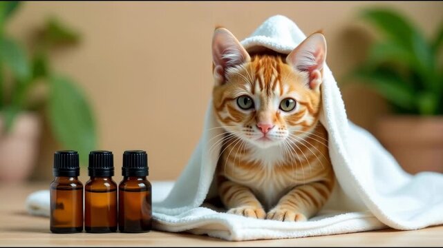 A cat sitting next to a bottle of essential oils, great for wellness and self-care visuals