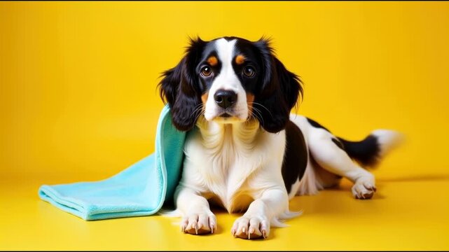 A black and white dog is lying on a yellow surface