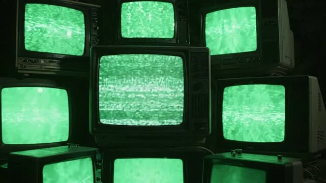 Retro tv wall with flickering green static noise, vintage television screens displaying signal interference and glitch effects