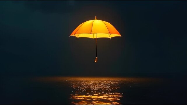 A yellow umbrella floating on top of a body of water, suitable for use in travel, outdoor or summer themed
