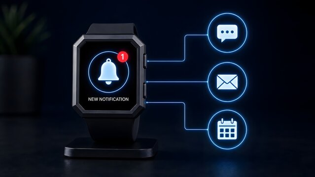Smartwatch wearable technology displaying new notification bell with glowing digital interface connecting to message email and calendar icons