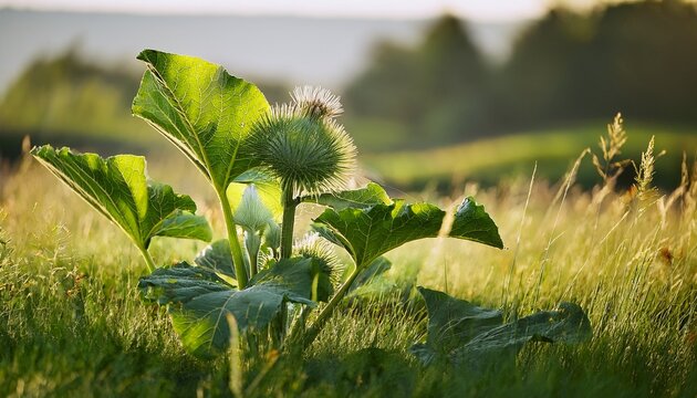 Greater Burdock Arctium Lappa With Large Textured Green Leaves Growing In Wild Grass Close Up Of Broad Foliage Of This Medicinal Plant In A Natural Outdoor Meadow Environment