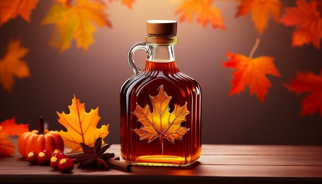 Maple Syrup Bottle Autumn Rustic Wood Candy Leaf Cozy Glow